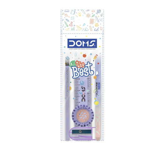 DOMS All The Best Kit with stationery items like a protractor, pencil, and sharpener for students and school use.