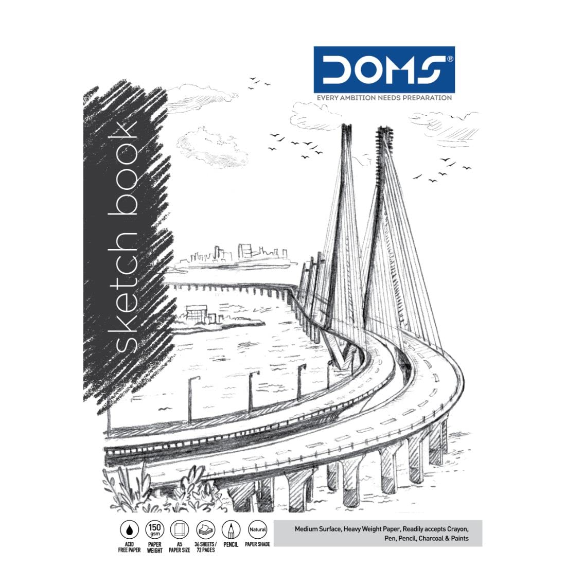 DOMS Sketch Book Wiro cover featuring a bridge design, perfect for sketching, drawing, and creative activities.