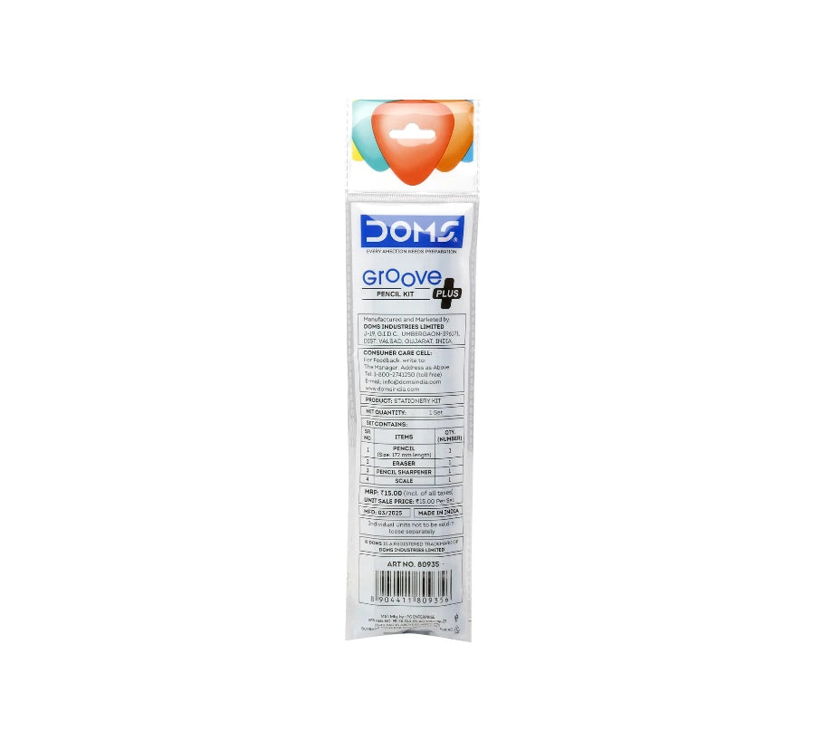 DOMS Groove Plus Pencil Kit packaging showing details and product information.