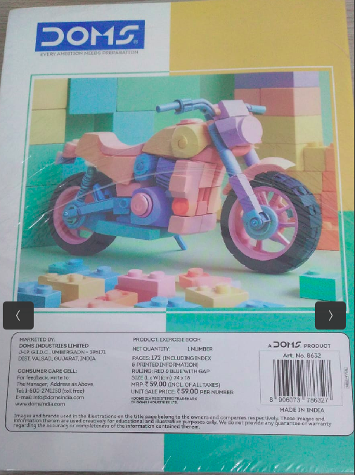 DOMS Exercise Notebook 172 Pages Red Blue Gap 24 × 18 cm showing a colorful motorcycle design.