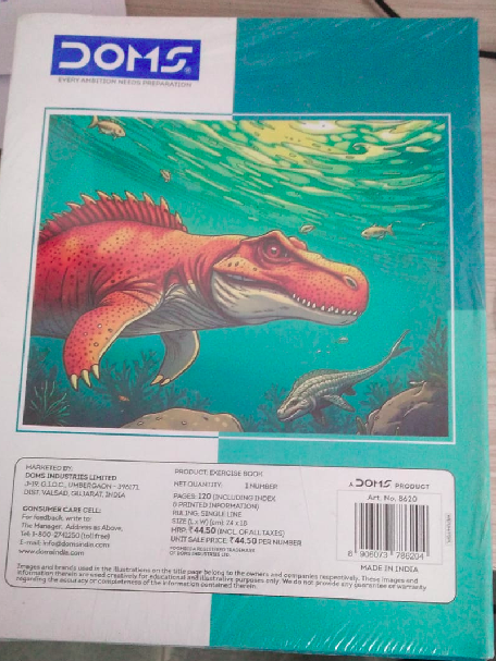 DOMS Exercise Notebook 120 Pages Single Line cover featuring a colorful dinosaur illustration, ideal for school and homework.