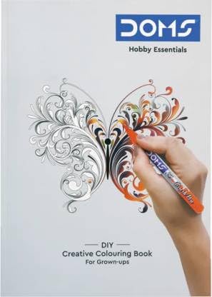 DOMS Colouring Book Hobby Essentials cover featuring a colorful butterfly design and a hand coloring it.