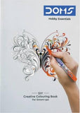 DOMS Colouring Book Hobby Essentials cover featuring a colorful butterfly design and a hand coloring it.