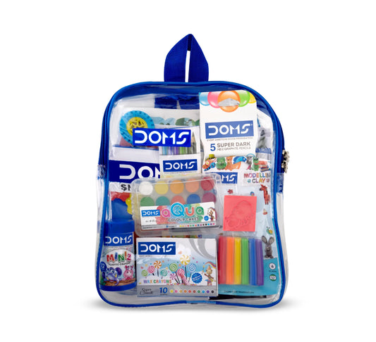 DOMS JUNIOR ART kit in a clear backpack featuring various art supplies for young artists.