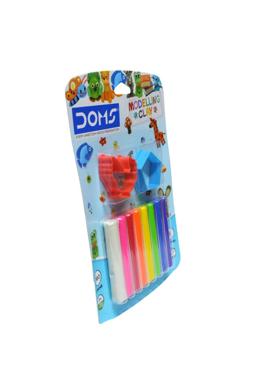 DOMS Modelling Clay 8 Shades packaging with vibrant clay colors and fun character shapes for kids' art and craft