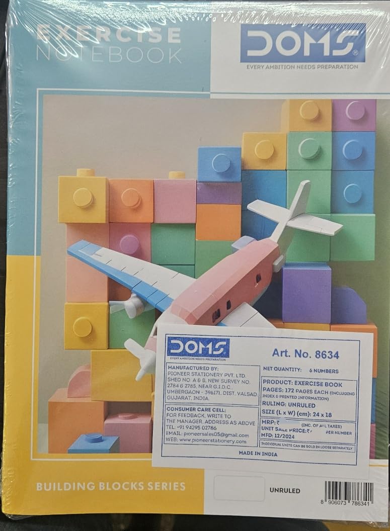 DOMS Exercise Notebook 172 Pages Unruled in colorful packaging with an airplane and building blocks design