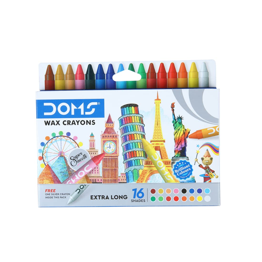 DOMS LONG WAX CRAYONS 16 SHADES NEW 1 PACK