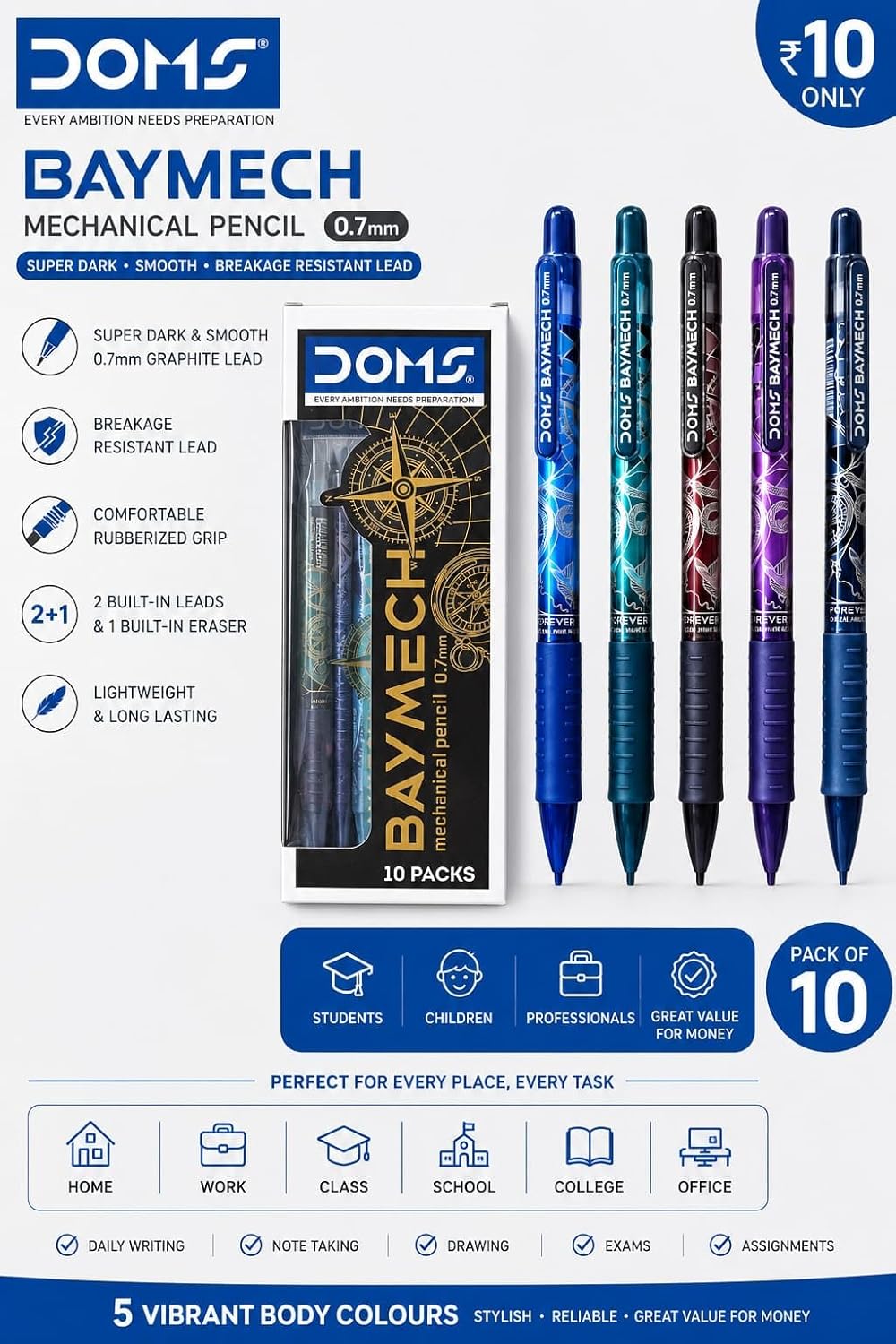 DOMS BAYMECH MECHANICAL PENCIL 0.7 MM 10 PCS PACK