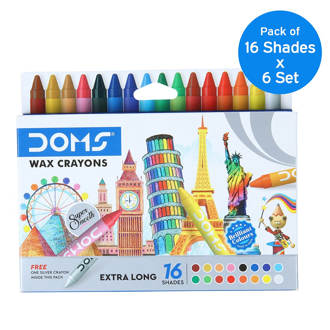 DOMS LONG WAX CRAYONS 16 SHADES NEW 1 PACK