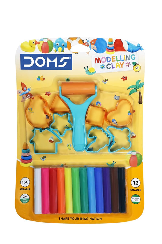 DOMS Modelling Clay 12 Shades (150 GM) art and craft set with vibrant colours and shaping tools.