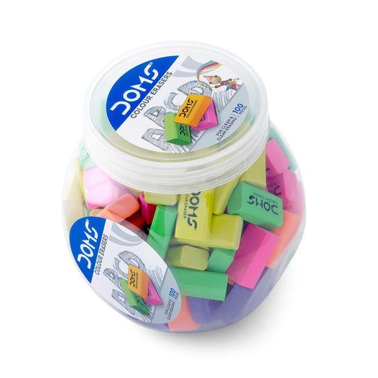DOMS COLOURED ERASER 100 PCS JAR front view