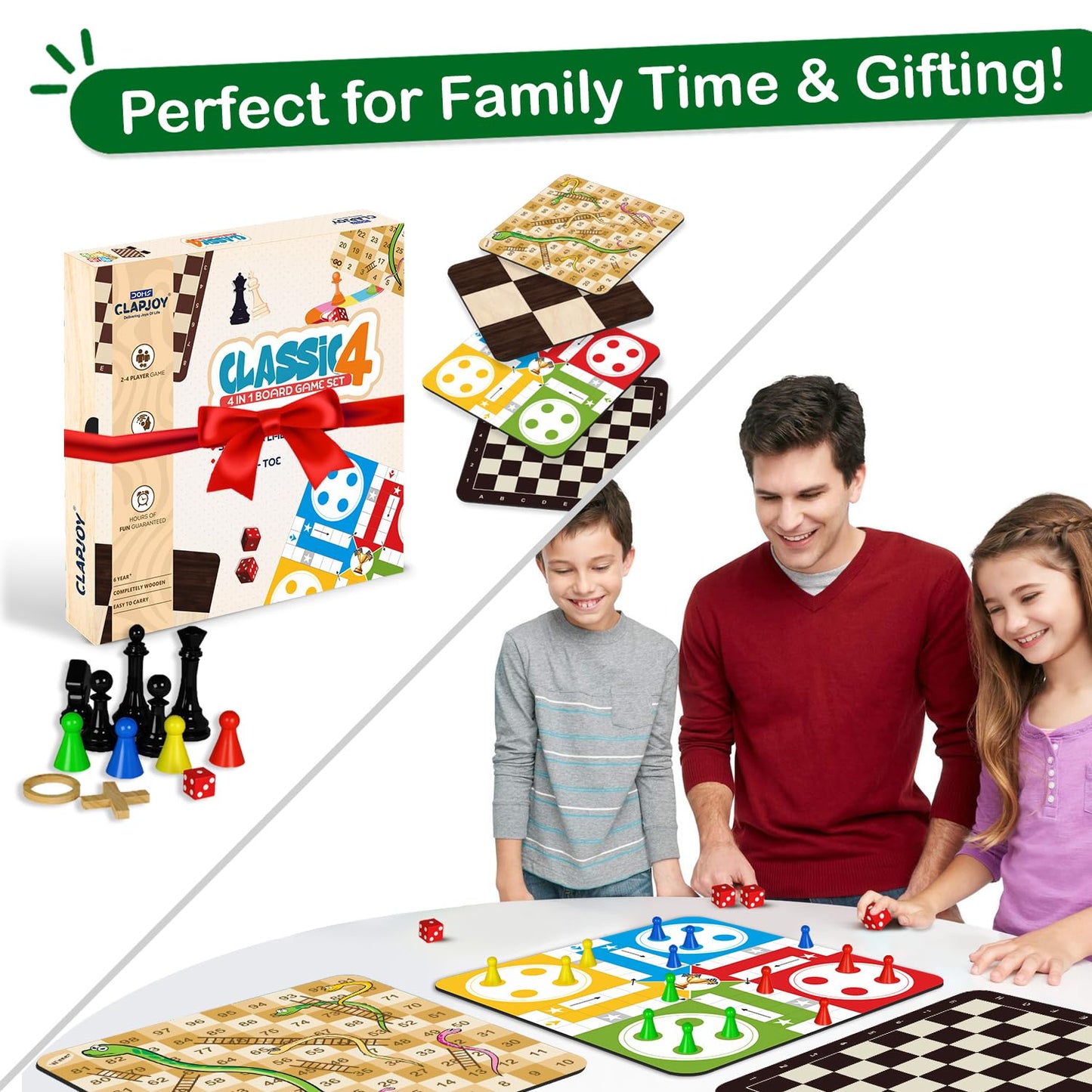 Doms Clapjoy Wooden 4 in 1 Board Game for Kids & Adults