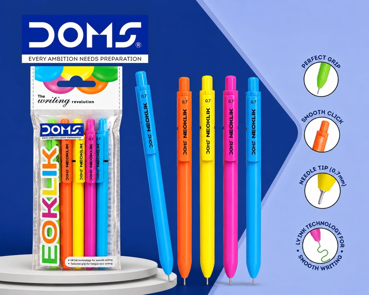 DOMS NEOKLIK BALL PEN BLUE 5 PCS POUCH