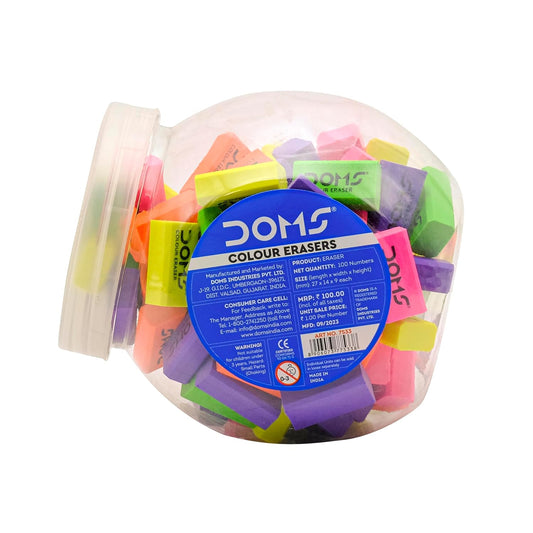 DOMS COLOURED ERASER 100 PCS JAR product packaging