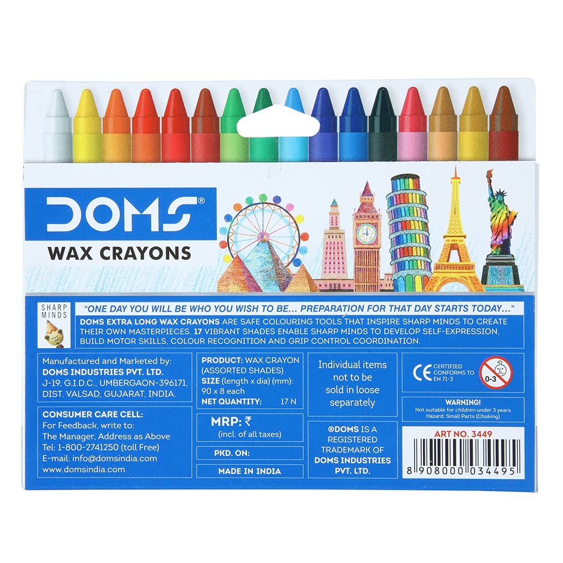 DOMS LONG WAX CRAYONS 16 SHADES NEW 1 PACK