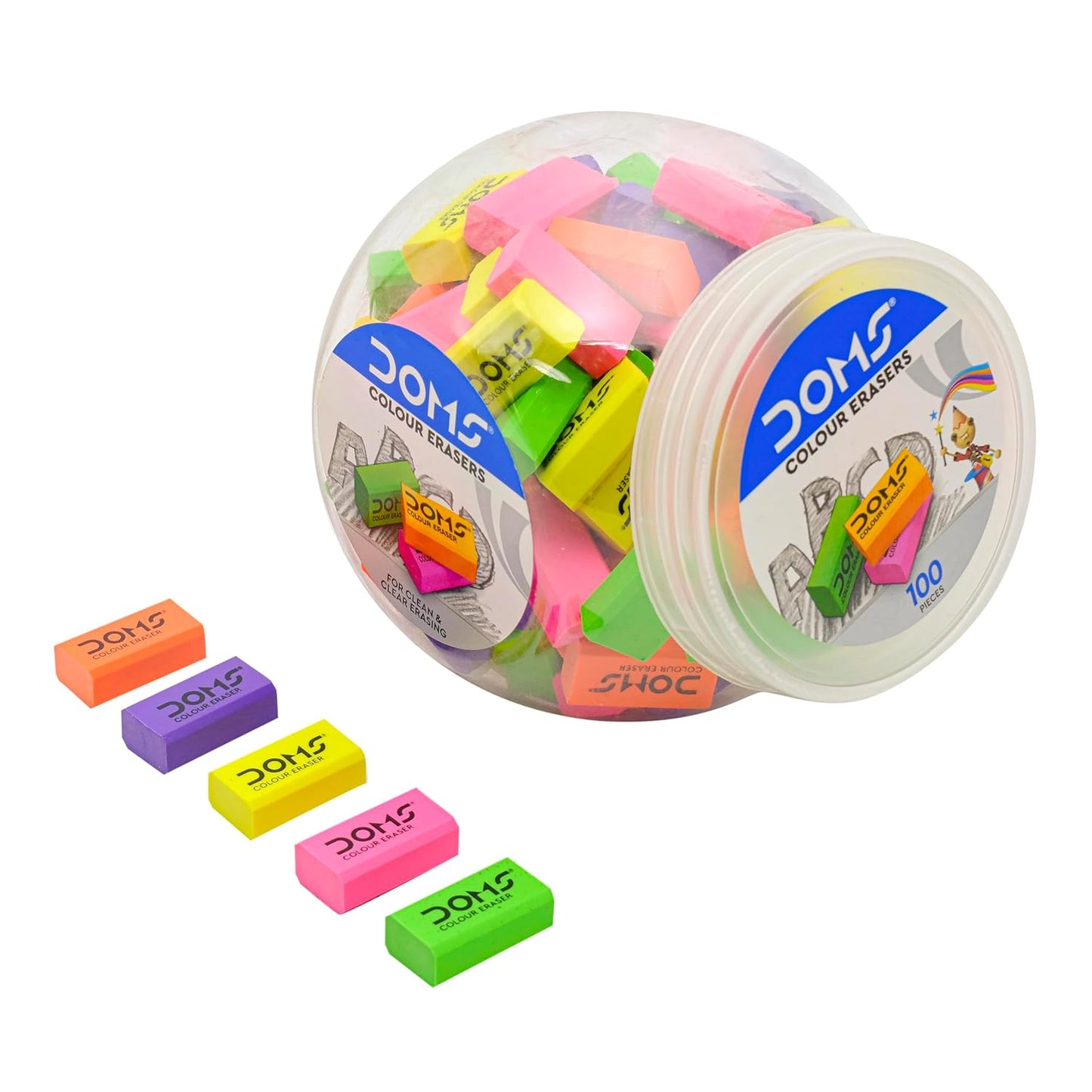 DOMS COLOURED ERASER  - 100 PCS JAR