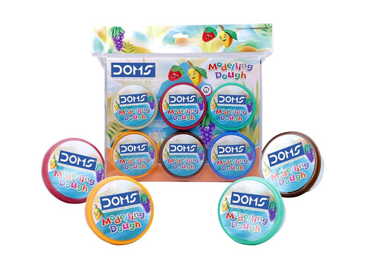 DOMS Modelling Dough 6 Shades packaging with colorful dough in pots for kids' creative activities.