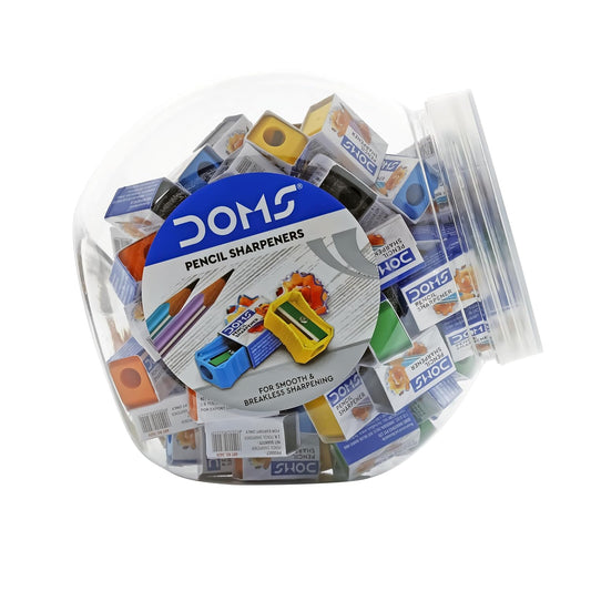 DOMS PENCIL SHARPENER 100 PCS JAR PACK front view