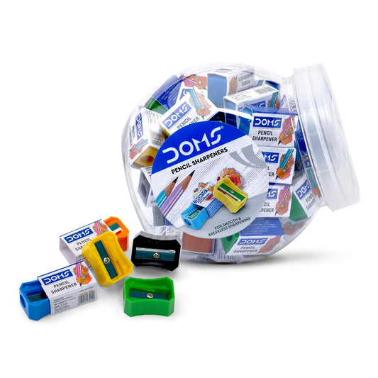 DOMS PENCIL SHARPENER 100 PCS JAR PACK product packaging