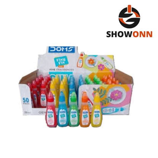 DOMS Fixy Fix Gum 20 ML Dangler Pack displayed in colorful bottles for crafts and school activities.