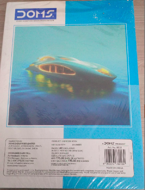 DOMS Exercise Notebook 140 Pages Unruled product back cover design featuring a car on water.