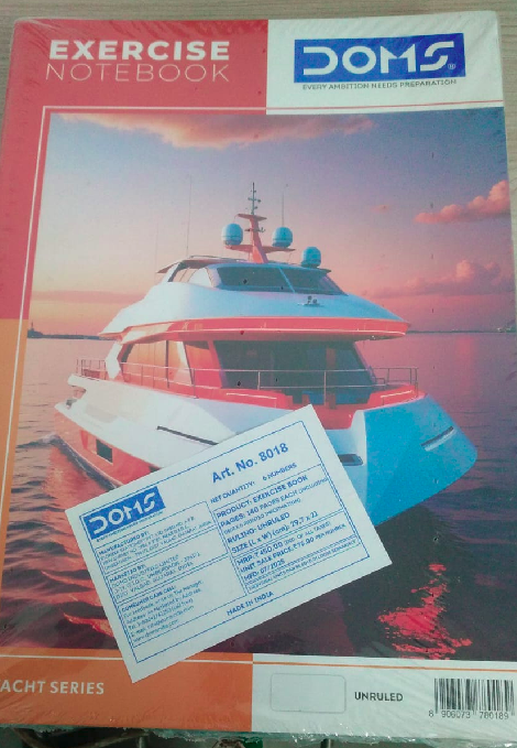 DOMS Exercise Notebook 140 Pages Unruled with yacht design cover, ideal for creative activities and school projects.