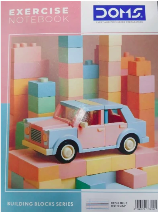 DOMS Exercise Notebook 172 Pages Unruled with a colorful car design on the cover, ideal for drawing and creative work.