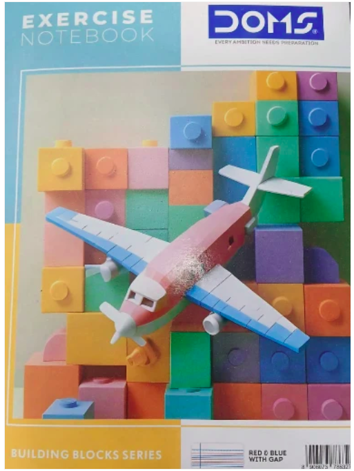 DOMS Exercise Notebook 172 Pages Unruled featuring a colorful building blocks background and a toy airplane model.