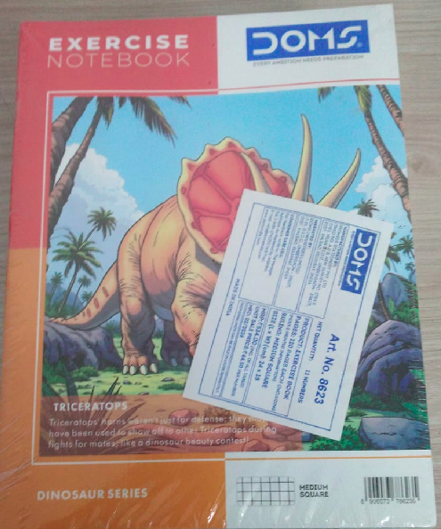DOMS Exercise Notebook 120 Pages Medium Square cover featuring Triceratops design and details on the notebook.