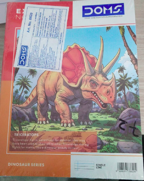 DOMS Exercise Notebook 120 Pages Single Line cover featuring Triceratops design, suitable for school and homework.