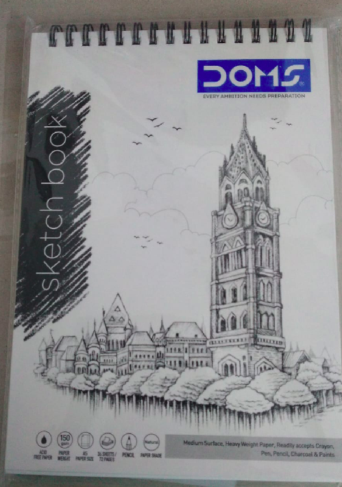 DOMS Sketch Book Wiro A5 cover featuring a skyline sketch with spiral binding, ideal for artists and students.