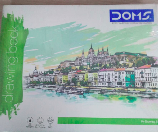 DOMS Drawing Book cover featuring vibrant landscape illustration and details including size and page count.