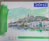 DOMS Drawing Book cover featuring vibrant landscape illustration and details including size and page count.