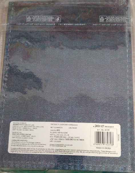 DOMS Exercise Notebook i Note Denim Series back cover showcasing denim design and product details