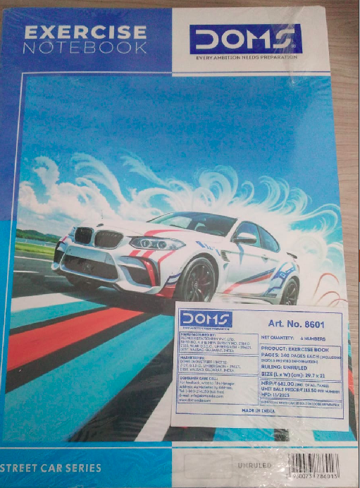 DOMS Unruled Exercise Book Street Car Series cover featuring a colorful street car design and product details.