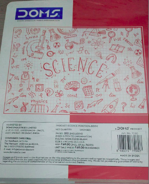 DOMS Science Practical Notebook – 100 Pages | Single Line Blank cover featuring science-themed illustrations and diagrams.