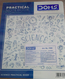 DOMS Science Practical Notebook cover featuring scientific illustrations and product details, ideal for lab work and practical records.
