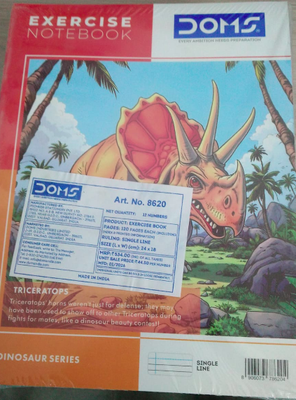 DOMS Exercise Book featuring Triceratops design, ideal for students with 120 single-line pages, 24 x 18 cm size.