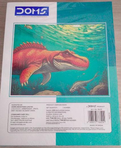 DOMS Exercise Book with colorful dinosaur illustration on back cover, ideal for student use in academics and writing.