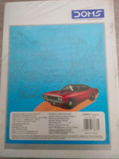 Back cover of DOMS Exercise Notebook featuring car illustration and product details.