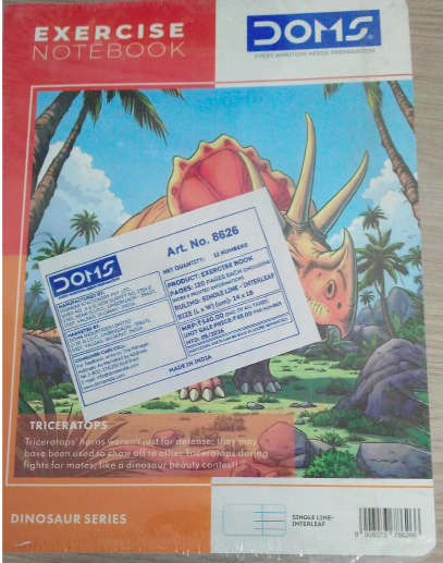 DOMS Exercise Notebook 120 Pages Single Line Interleaf with dinosaur cover design and label
