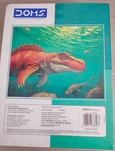 DOMS Exercise Notebook 120 Pages Single Line Interleaf cover featuring colorful dinosaur illustration and aquatic scene.