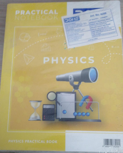 DOMS Physics Practical Book 132 Pages cover featuring a telescope, hourglass, and various physics graphics on a yellow background.