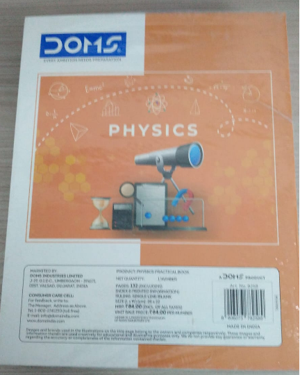 DOMS Physics Practical Book 132 Pages cover featuring physics illustrations and equipment, size 26 × 22 cm.