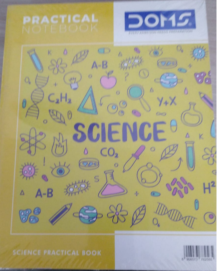 DOMS Science Practical Book 132 Pages cover featuring science illustrations and bright yellow background.