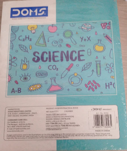 DOMS Science Practical Book 132 Pages 28 × 22 cm cover featuring colorful science illustrations and patterns.