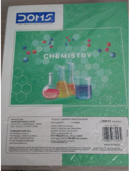 DOMS Chemistry Practical Book 132 Pages cover showing laboratory beakers and chemistry design elements.