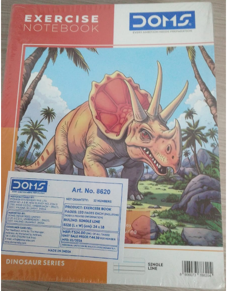 DOMS Exercise Book 120 Pages Single Line cover featuring a colorful dinosaur illustration on a notebook.