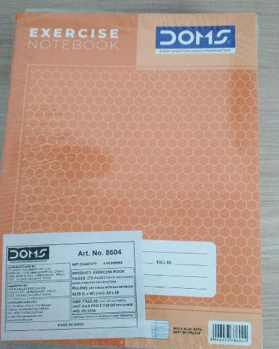 DOMS Exercise Notebook Brown Series 172 Pages Red & Blue Gap 1 PCS with orange cover and label