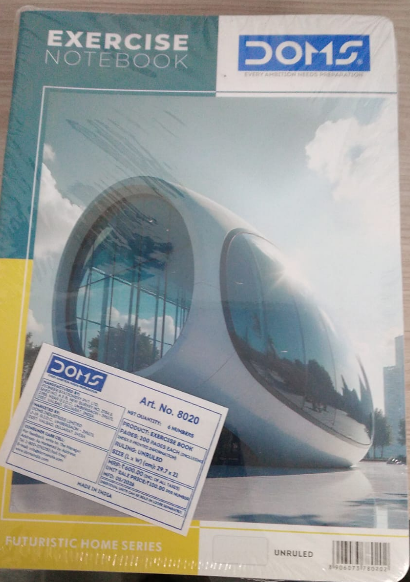 DOMS Exercise Notebook 200 Pages Unruled packaging showcasing a futuristic design and unruled pages for versatile use.